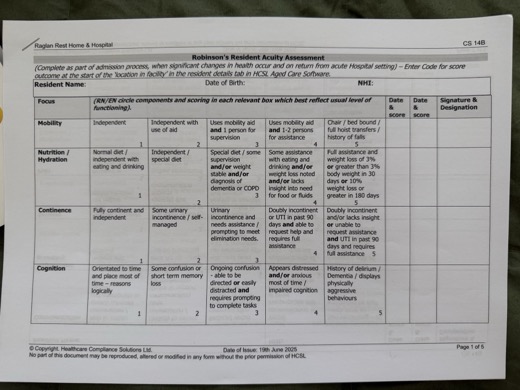 Robinson's Resident Acuity Assessment page 1