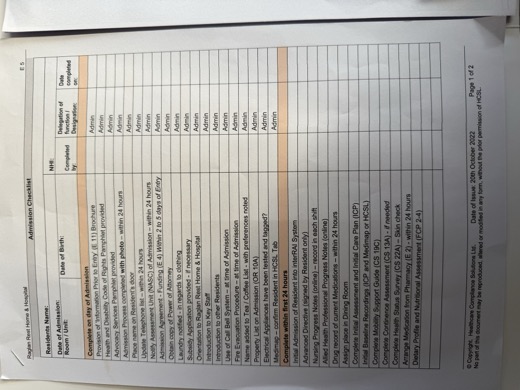 Admission Checklist page 1
