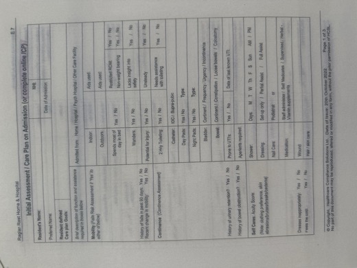 Initial Assessment / Care Plan on Admission page 1
