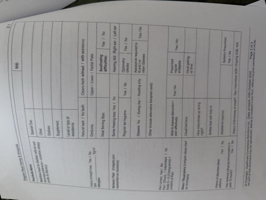 Initial Assessment / Care Plan on Admission page 2