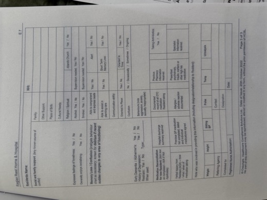 Initial Assessment / Care Plan on Admission page 3